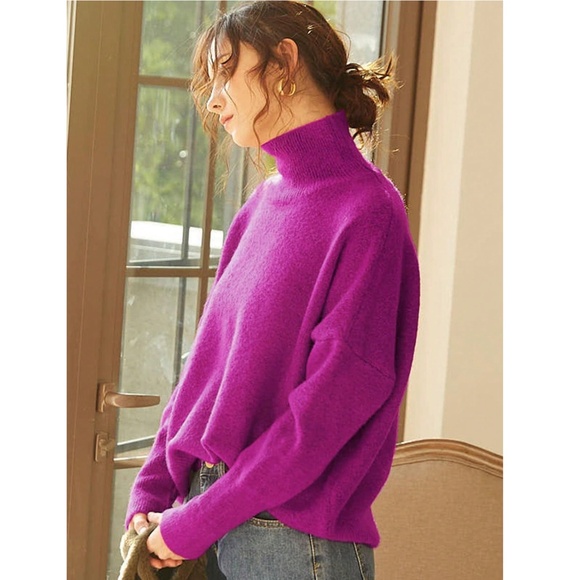 Fuchsia Knit Turtleneck Pullover Sweater Long Sleeve Drop Shoulder - Picture 3 of 14
